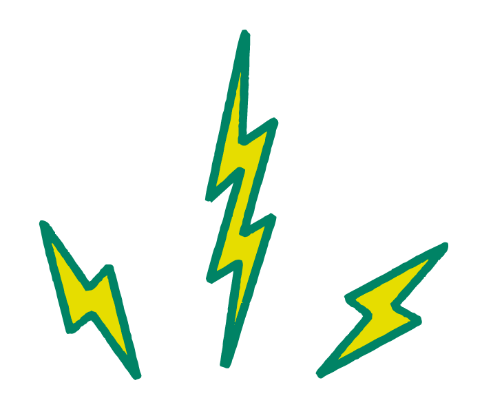 Three jittering cartoon lightning bolts dance above the young man’s head