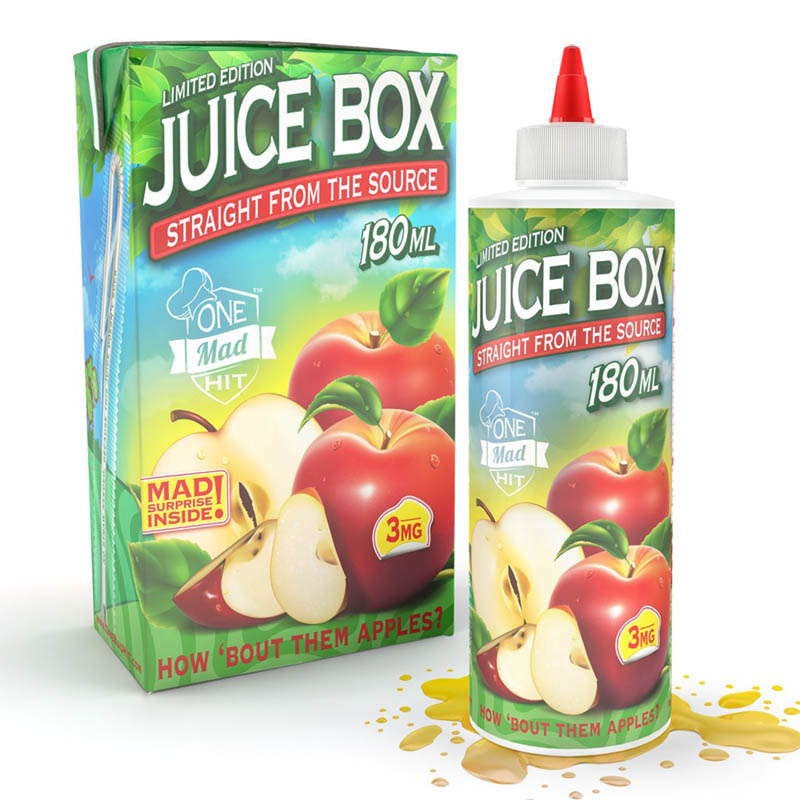 Juice Box flavored vape juice, designed to look like an apple juice box for kids.